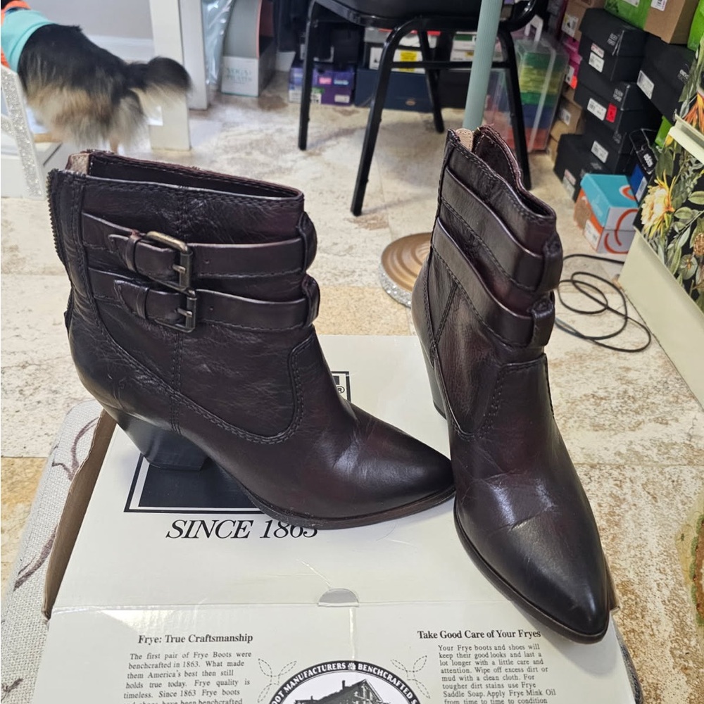 Frye Dark Brown Leather Pointed Ankle Boots with Buckles